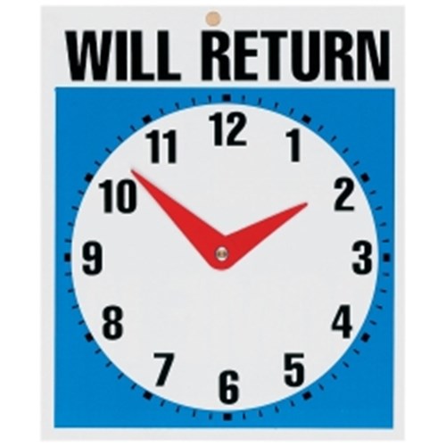 HEADLINE CLOCK SIGN 190X230mm Will Return